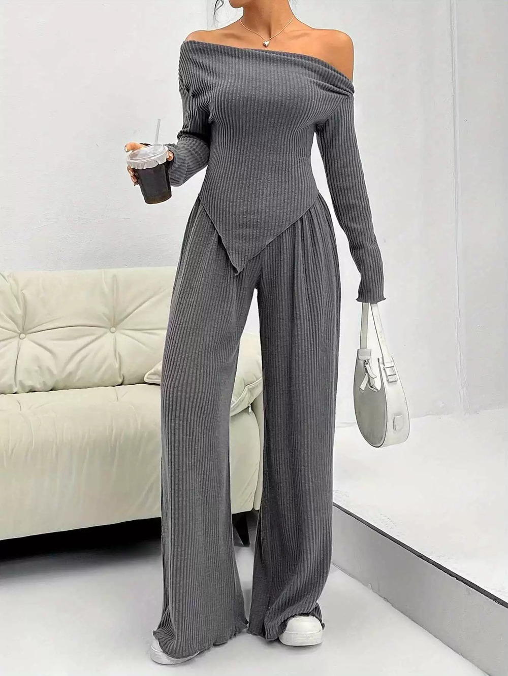 ZARA Fall Winter Casual Knit Boat Neck Top and Wide Leg Pants Set for Women